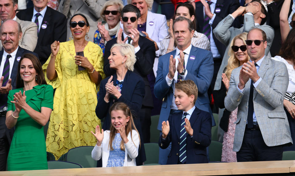 The Princess of Wales, Princess Charlotte, Prince George and Prince William, Prince of Wales watch Carlos Alcaraz vs Novak Djokovic in the Wimbledon 2023 men's final on July 16, 2023 in London, England. (Photo by Karwai Tang/WireImage)