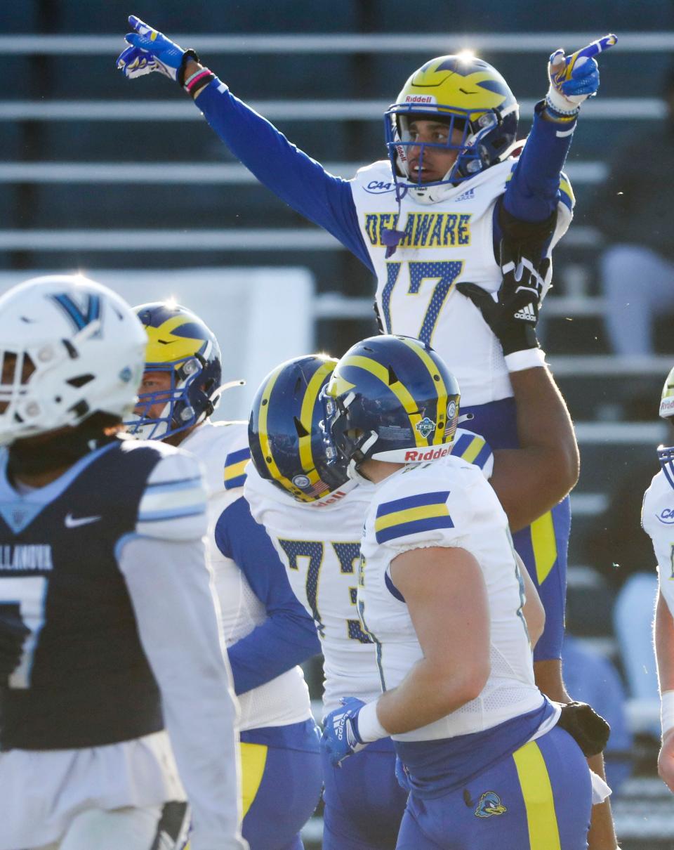 Delaware receiver Jourdan Townsend celebrates his touchdown reception in the third quarter of Delaware's 29-26 loss at Villanova Stadium, Saturday, Nov. 19, 2022.