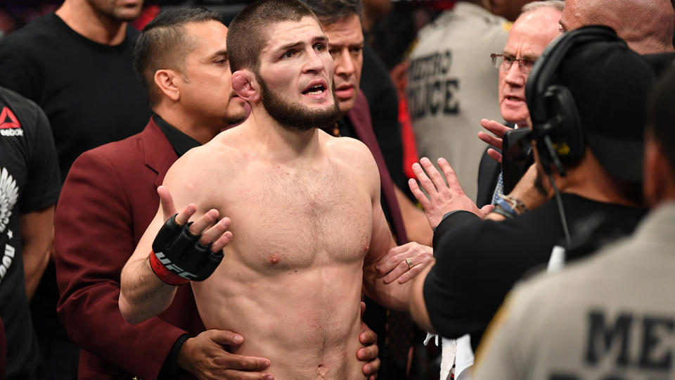 Khabib Nurmagomedov reacts following the post-fight incident. (Photo by Jeff Bottari/Zuffa LLC/Zuffa LLC via Getty Images)