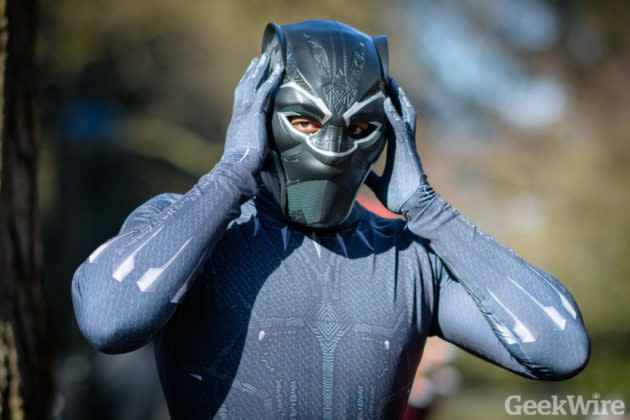 A Black Panther cosplayer is in his element during the Emerald City Comic, the largest comic convention in the Northwest in March. (GeekWire Photo / Kevin Lisota) <a href="https://www.geekwire.com/2018/fascinating-faces-fabulous-cosplay-emerald-city-comic-con-2018/" rel="nofollow noopener" target="_blank" data-ylk="slk:Read the story.;elm:context_link;itc:0;sec:content-canvas" class="link "><strong>Read the story.</strong></a>