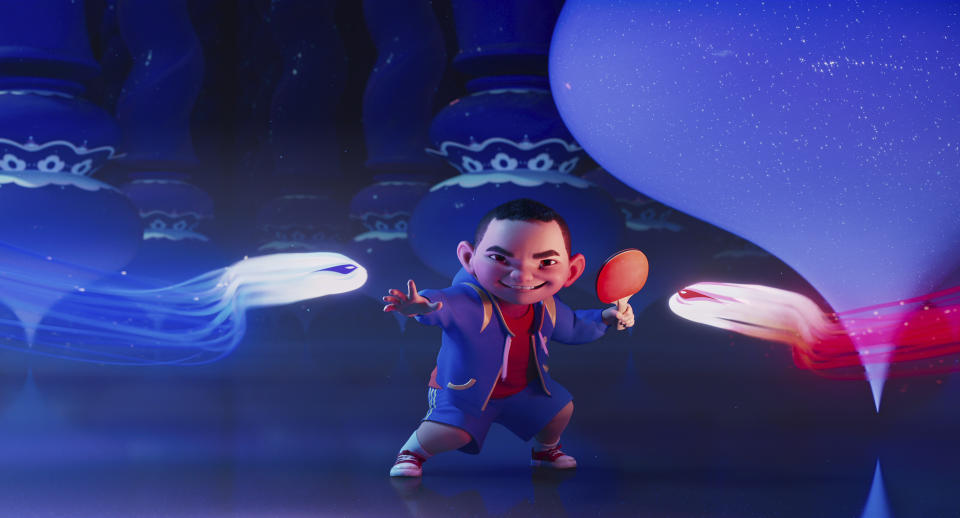 This image released by Netflix shows animated character Chin, voiced by Robert G. Chiu, in a scene from "Over the Moon." (Netflix via AP)