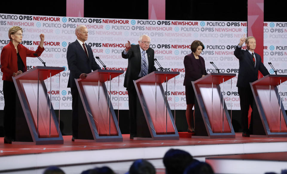 Democratic presidential candidates from left, Sen. Elizabeth Warren, D-Mass., former Vice President Joe Biden, Sen. Bernie Sanders, I-Vt., Sen. Amy Klobuchar, D-Minn., and businessman Tom Steyer participate during a Democratic presidential primary debate Thursday, Dec. 19, 2019, in Los Angeles. (AP Photo/Chris Carlson)