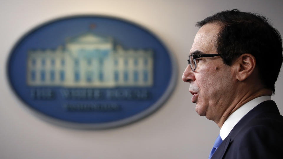 Treasury Secretary Steven Mnuchin speaks about the coronavirus in the James Brady Press Briefing Room of the White House, Tuesday, April 21, 2020, in Washington. (AP Photo/Alex Brandon)