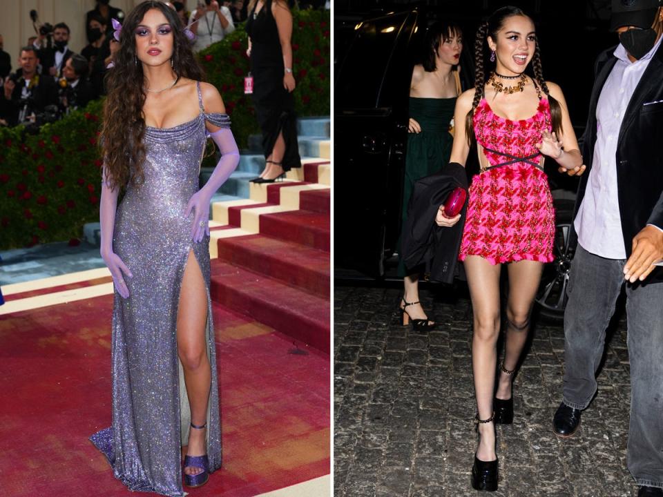 Olivia Rodrigo at the 2022 Met Gala (left) and the musician at the after-party (right).