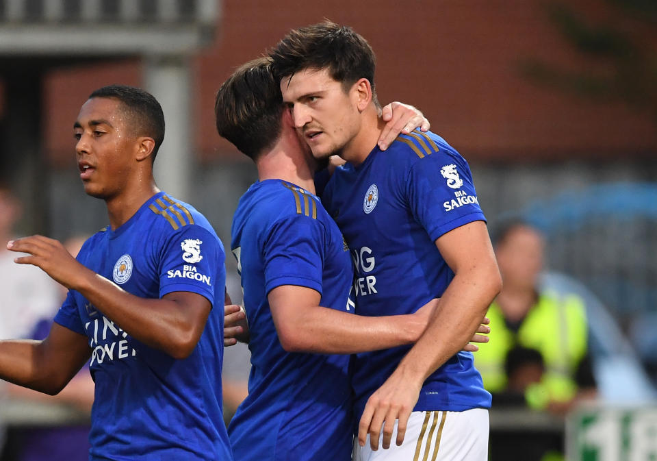 Leicester City's Harry Maguire celebrates scoring the opening goal during the pre-season friendly match at the Abbey Stadium, Cambridge. (Photo by Joe Giddens/PA Images via Getty Images)