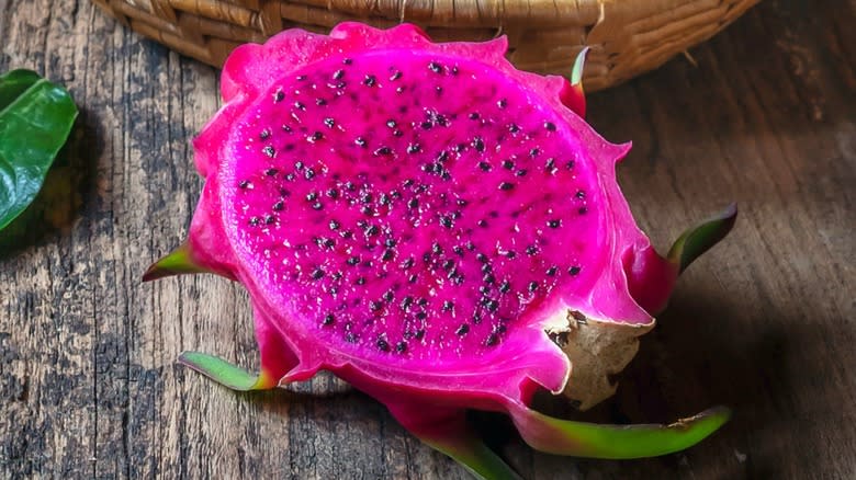 Close-up of a purple dragon fruit sliced open
