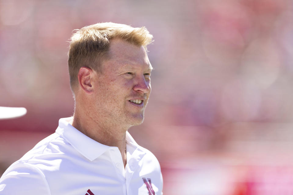 Nebraska head coach Scott Frost talks on the sideline as his team warms up before playing against North Dakota in an NCAA college football game Saturday, Sept. 3, 2022, in Lincoln, Neb. (AP Photo/Rebecca S. Gratz)