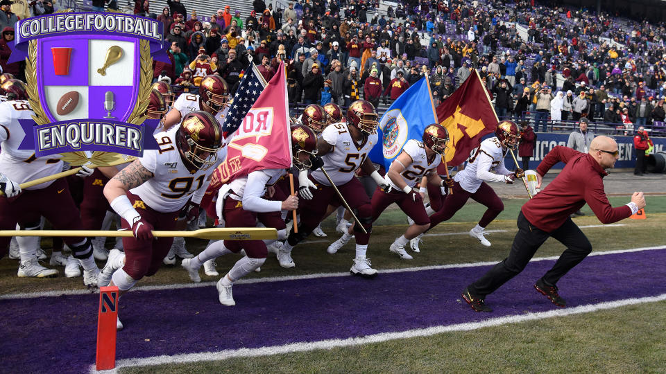 PJ Fleck leads his team out of the tunnel vs Northwestern 
David Banks-USA TODAY Sports