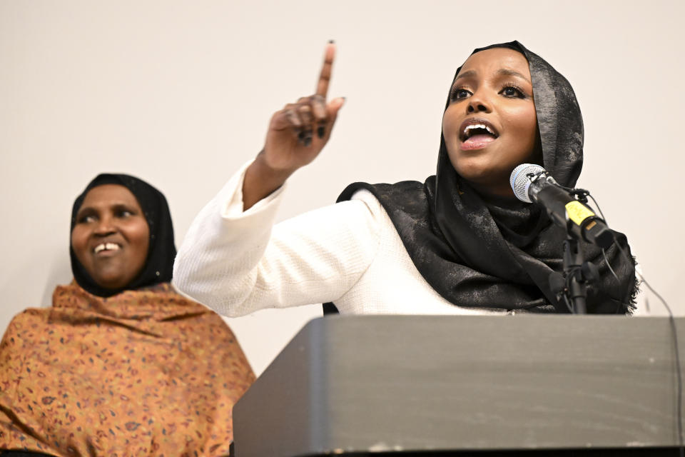 St. Louis Park Mayor-elect Nadia Mohamed speaks to supporters after winning her election Tuesday, Nov. 7, 2023, at the Westwood Hills Nature Center in St. Louis Park, Minn. (Aaron Lavinsky/Star Tribune via AP)