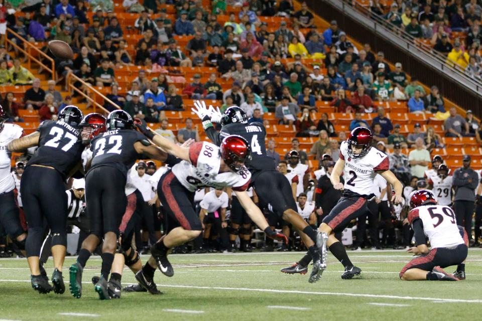 Matt Araiza, shown kicking a field goal in 2019, is nicknamed 'Punt God.'