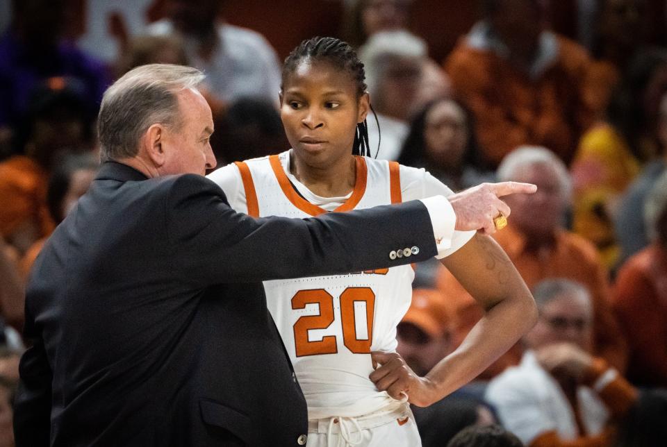 Texas coach Vic Schaefer gives instructions to Longhorns forward Khadija Faye during their game against Oklahoma on Jan. 25 at Moody Center. Texas won 78-58.