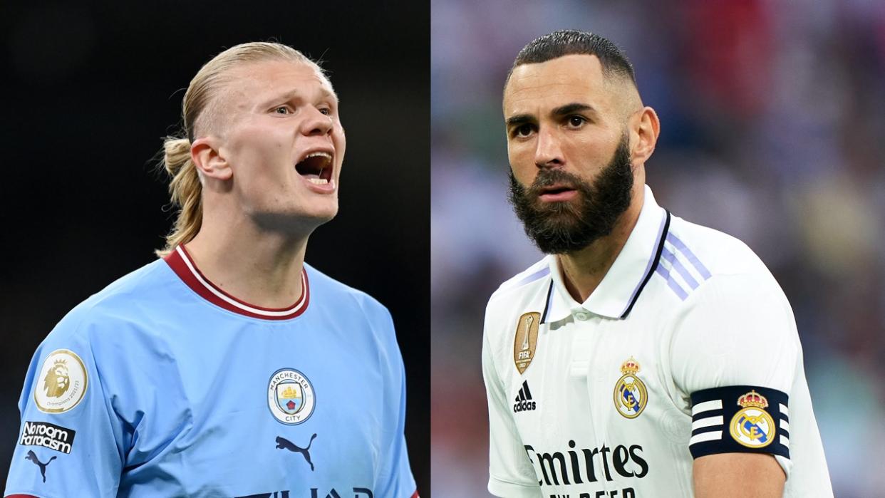  Erling Haaland of Manchester City and Karim Benzema of Real Madrid  ahead of the Champions League semi-final second leg clash on Wednesday, May 17 2023 