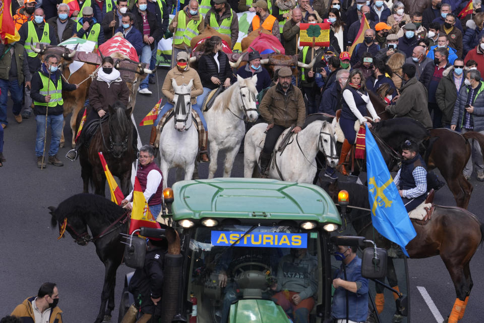 People on horseback follow a tractor during a march in defence of Spanish rural areas during a protest in Madrid, Spain, Sunday, Jan. 23, 2022. Members of rural community are demanding solutions by the government for problems and crisis in the Rural sector. (AP Photo/Paul White)