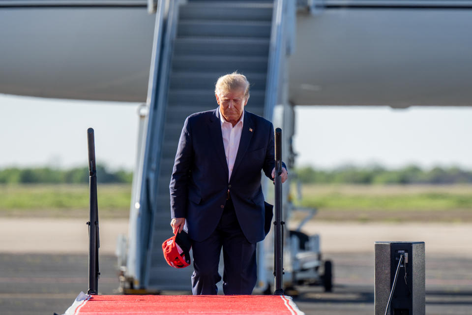 Former President Donald Trump arrives during a rally at the Waco Regional Airport on March 25 in Waco, Texas. 