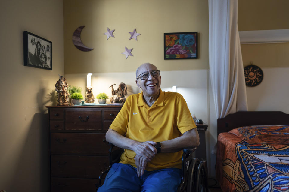 Alex Morisey listens to music in his room at a nursing home in Philadelphia, on Wednesday, Feb. 15, 2023. For U.S. nursing home residents receiving Medicaid, all income is garnished and the person is left to rely on a small subsidy known as a personal needs allowance. The federal government hasn't changed the minimum rate, $30 monthly, since 1987. Pennsylvania’s allowance is $45. (AP Photo/Wong Maye-E)