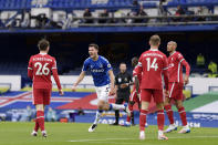 LIVERPOOL, ENGLAND - OCTOBER 17: Michael Keane of Everton celebrates his goal during the Premier League match between Everton and Liverpool at Goodison Park on October 17 2020 in Liverpool, England. (Photo by Tony McArdle/Everton FC via Getty Images)