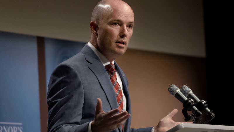 Gov. Spencer Cox speaks during the PBS Utah Governor’s Monthly News Conference at the Eccles Broadcast Center in Salt Lake City on Thursday, Aug. 17, 2023. Cox responded to an earthquake in Morocco that killed over 1,000 people.