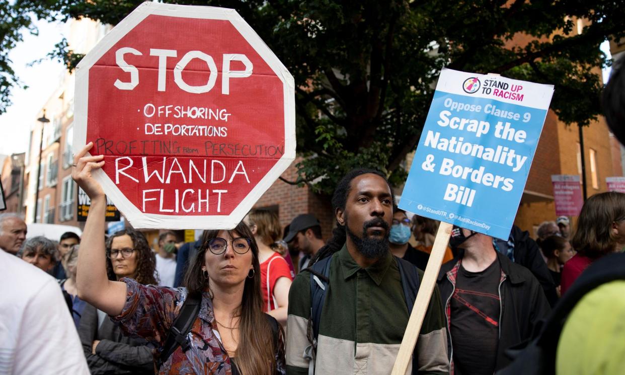 <span>A protest in London in 2022 against a plan to deport asylum seekers to Rwanda.</span><span>Photograph: Hesther Ng/SOPA Images/Rex/Shutterstock</span>