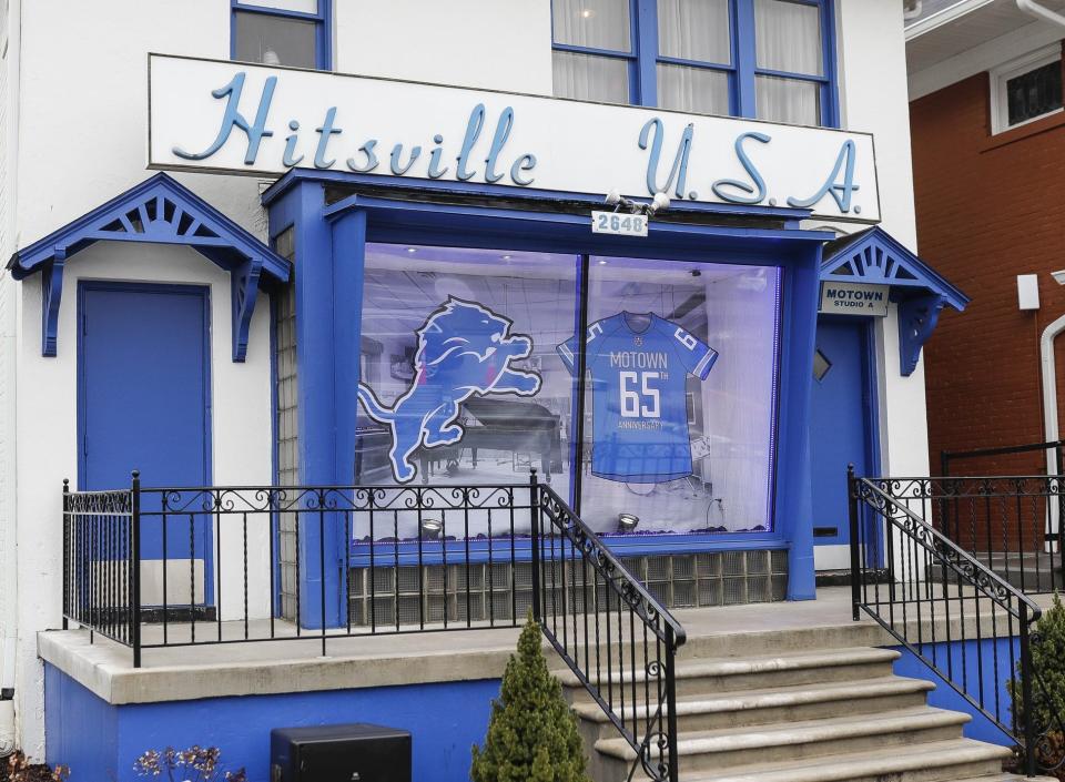 Motown Museum in Detroit honors the Detroit Lions at the historic picture window of Hitsville, U.S.A., on Friday, Jan. 26, 2024.