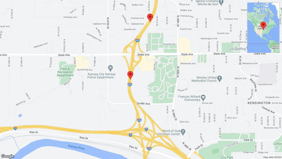 A detailed map that shows the affected road due to 'Warning in Kansas City: Crash reported on northbound I-635' on May 10th at 9:38 p.m.