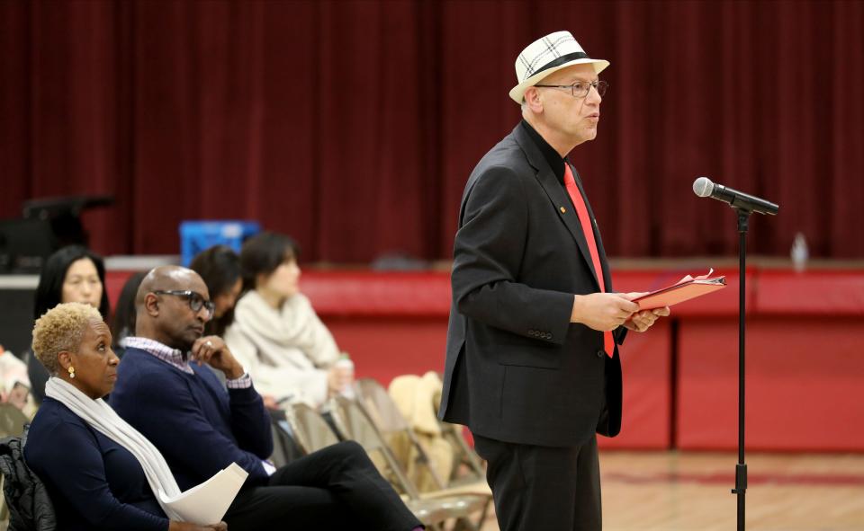 Bryan Burrell, delivers remarks at the Nyack school board meeting at Nyack Middle School, March 19, 2024.