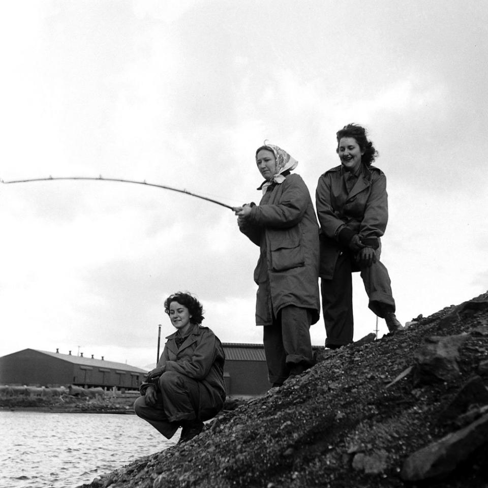 Nurses fishing, Dutch Harbor, Aleutian Campaign, Alaska, 1943.