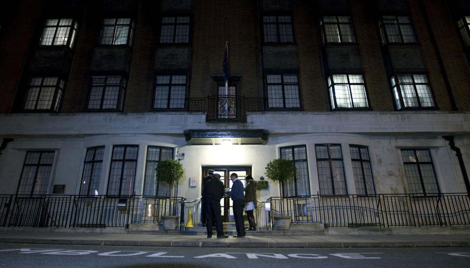 Policeman stand guard outside the King Edward VII hospital where the Duchess of Cambridge has been admitted with a severe form of morning sickness, in London, Monday, Dec. 3, 2012. Prince William and his wife Kate are expecting their first child. St. James's Palace announced the pregnancy Monday, saying that the Duchess of Cambridge — formerly known as Kate Middleton — has a severe form of morning sickness and is currently in a London hospital. William is at his wife's side. The palace said since the pregnancy is in its "very early stages," the 30-year-old duchess is expected to stay in the hospital for several days and will require a period of rest afterward. (AP Photo/Alastair Grant)