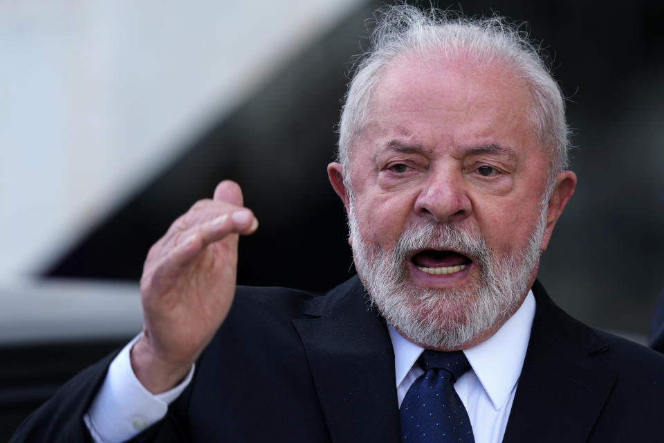 FILE - Brazil's President Luiz Inacio Lula da Silva speaks during his visit to the Brazilian Navy Command, in Brasilia, Brazil, Wednesday, March 15, 2023. Brazil's President flew off to China on Tuesday to strengthen ties with his nation's biggest trade partner and win support for his long-shot push for peace in Ukraine. China and Brazil are expected to sign at least 20 bilateral agreements during Lula's two-day stay, according to the presidential palace. He will visit Shanghai and Beijing, and meet his counterpart Xi Jinping on Apr. 14. (AP Photo/Eraldo Peres, File)