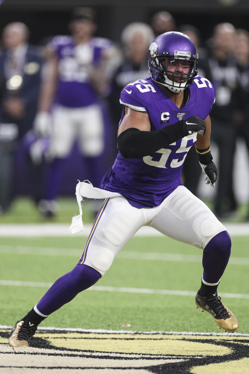 Minnesota Vikings linebacker Anthony Barr (55) takes a defensive position during an NFL game against the Detroit Lions, Sunday, Dec. 8, 2019 in Minneapolis. The Vikings defeated the Lions 20-7. (Margaret Bowles via AP)