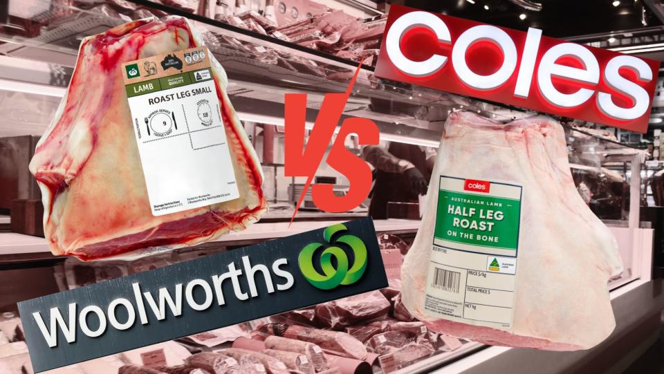 Two legs of lamb from Coles and Woolworths in front of a deli with a vs sign