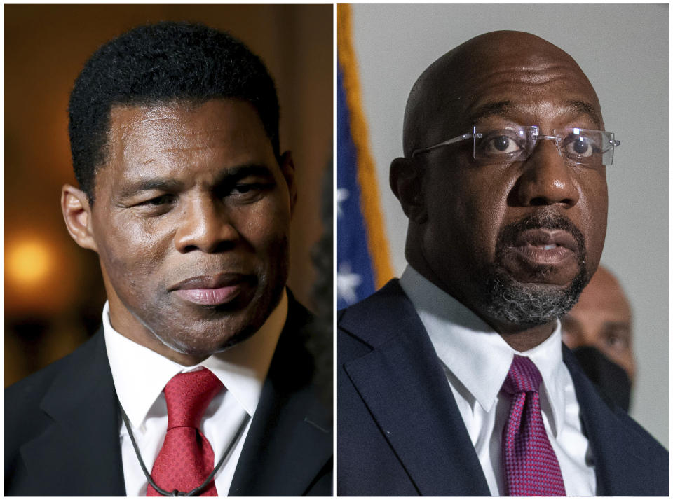 This combination of two separate photos shows Herschel Walker in Atlanta, May 24, 2022, left, and Sen. Raphael Warnock, D-Ga., in Washington, Jan. 18, 2022, right. Walker will represent the Republican Party in its efforts to unseat Warnock in the November 2022 election. (AP Photo)