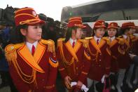 <p>North Korean cheerleaders arrive to participate in a welcoming ceremony for North Korea’s Olympic team at the Olympic Village in Gangneung on February 8, 2018, ahead of the Pyeongchang 2018 Winter Olympic Games. </p>