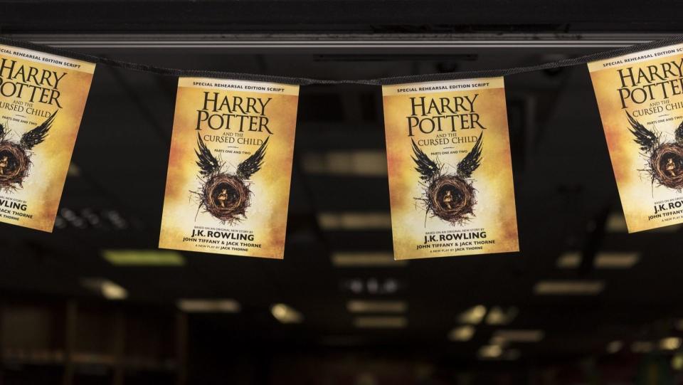 Mandatory Credit: Photo by Stephen Chung/Lnp/Shutterstock (5810145j)A banner hangs outside Waterstones bookshop in Harrow'Harry Potter and the Cursed Child: Part one and Part two' book launch, London, UK - 31 Jul 2016.