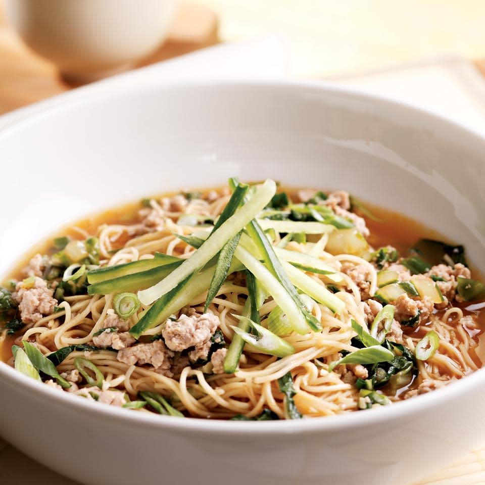 <p>This dish was inspired by Chinese Dan Dan noodles—ground pork and noodles in a spicy broth. We use ground turkey and omit the traditional Sichuan peppercorns for convenience, but add hot sesame oil. Use toasted sesame oil instead if you want mild noodles. <a href="https://www.eatingwell.com/recipe/250009/brothy-ginger-soy-noodles-with-turkey-bok-choy/" rel="nofollow noopener" target="_blank" data-ylk="slk:View Recipe;elm:context_link;itc:0;sec:content-canvas" class="link ">View Recipe</a></p>