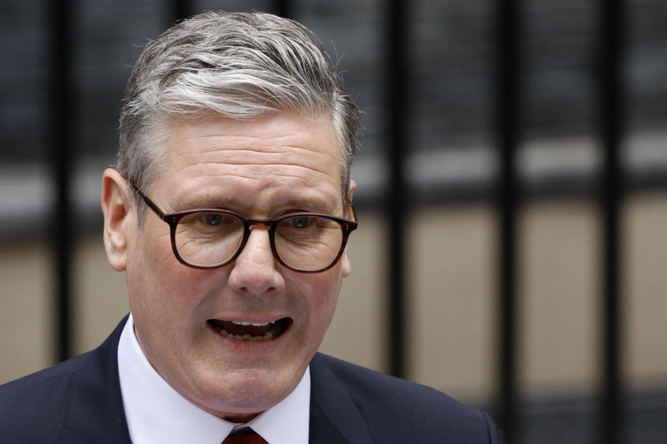 Britain's Prime Minister Keir Starmer speaks in front of 10 Downing Street in London, Friday, July 5, 2024. Britain's Labour Party swept to power Friday after more than a decade in opposition, as a jaded electorate handed the party a landslide victory, but also a mammoth task of reinvigorating a stagnant economy and dispirited nation. (AP Photo/David Cliff)