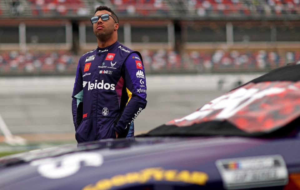 Apr 20, 2024; Talladega, Alabama, USA; NASCAR Cup Series driver Bubba Wallace (23) during the GEICO 500 qualifying at Talladega Superspeedway. Mandatory Credit: Peter Casey-USA TODAY Sports