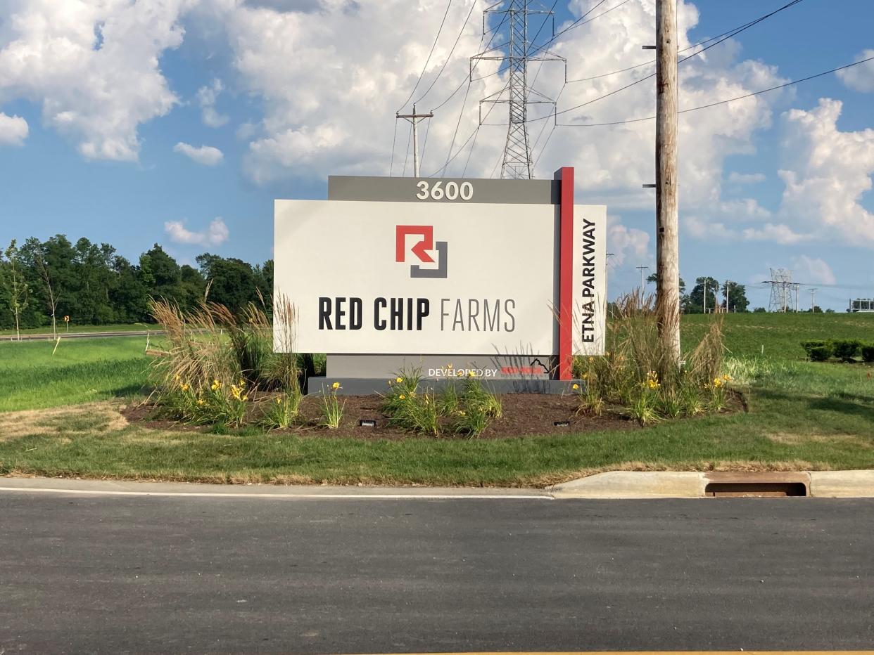 The sign for Red Chip Farms, a 350-acre development within the Pataskala Corporate Park. The development is named after former land owner Howard "Red" Emswiler and former city council member Grover "Chip" Fraley.