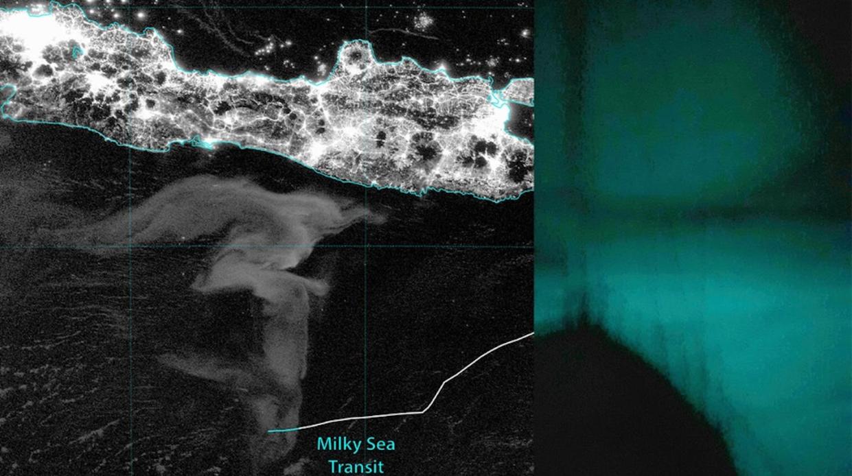 A la izquierda, un mar de leche se arremolina frente a la costa de Java, Indonesia, en una imagen satelital. A la derecha, una de las fotos tomada por los tripulantes de un barco que avistaron el fenómeno. Steven Miller, Leon Schommer y Naomi McKinnon, Universidad Nacional de Australia