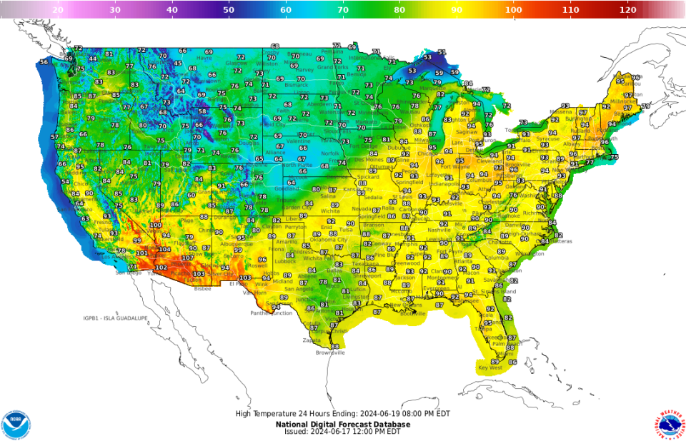 This map from the National Weather Service shows that essentially the entire Northeast, Mid-Atlantic and Southeast U.S. will see temperatures at 90 degrees or above on Wednesday, June 19, 2024. / Credit: National Digital Forecast Database