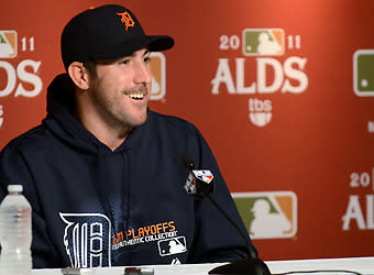 Justin Verlander addresses the media Thursday in advance of the Detroit Tigers' division series against the New York Yankees