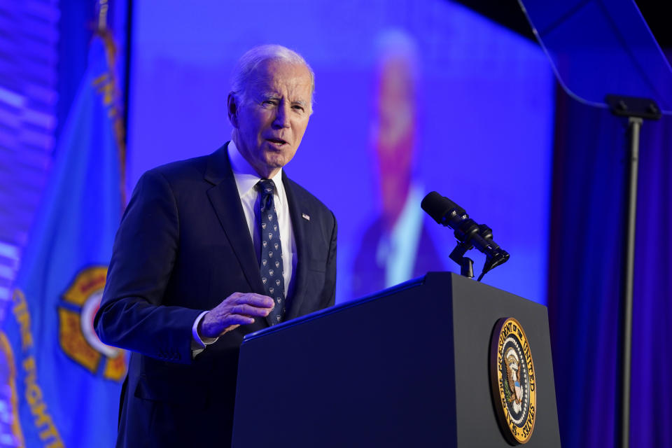 President Joe Biden speaks at the 2023 International Association of Fire Fighters Legislative Conference, Monday, March 6, 2023, in Washington. (AP Photo/Evan Vucci)