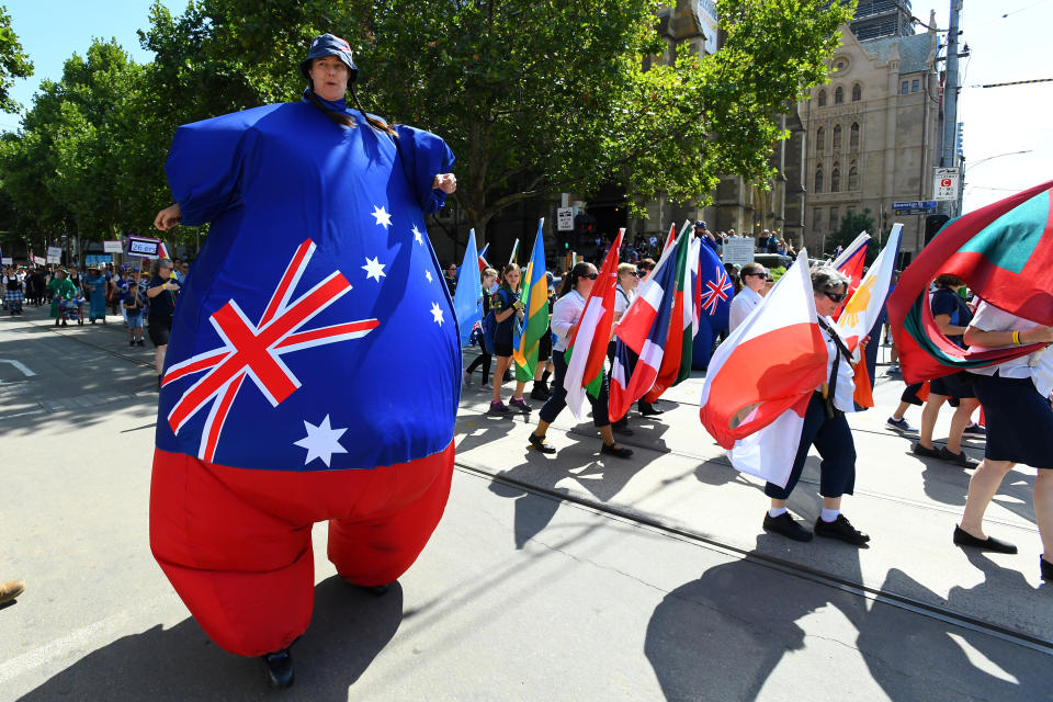 Participants take part in the Australia Day parade celebrations in Melbourne.