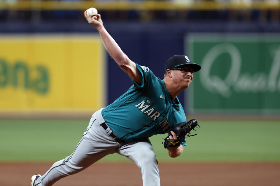 Seattle Mariners pitcher Trent Thornton throws to a Tampa Bay Rays batter during the first inning of a baseball game Saturday, Sept. 9, 2023, in St. Petersburg, Fla. (AP Photo/Scott Audette)
