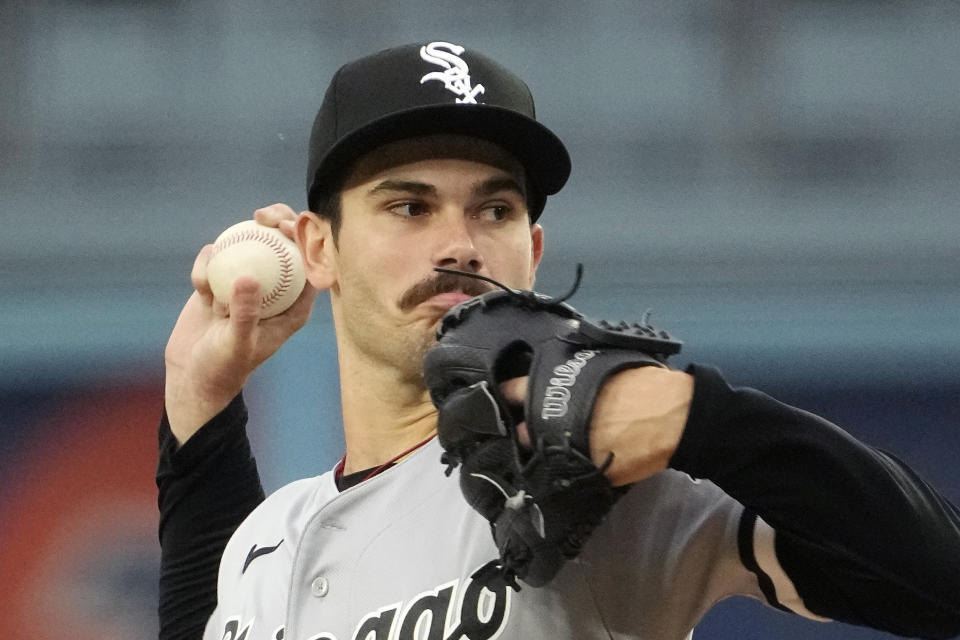 Chicago White Sox starting pitcher Dylan Cease throws to the plate during the first inning of a baseball game against the Los Angeles Dodgers Thursday, June 15, 2023, in Los Angeles. (AP Photo/Mark J. Terrill)
