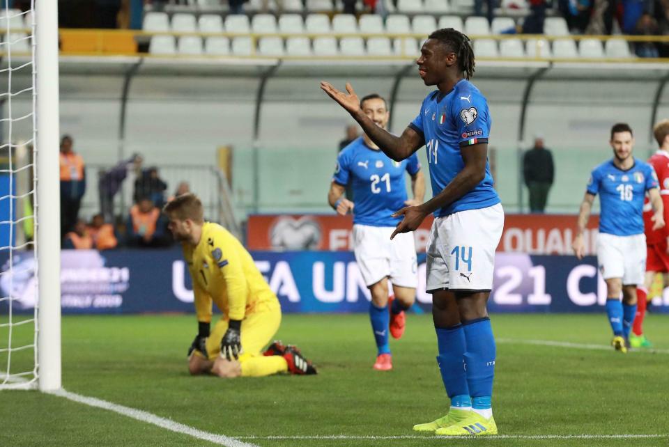 Italy's Moise Kean celebrates after scoring his team's fifth goal during a Euro 2020 Group J qualifying soccer match between Italy and Liechtenstein, at the Ennio Tardini stadium in Parma, Italy, Tuesday, March 26, 2019. (Serena Campanini/ANSA via AP)