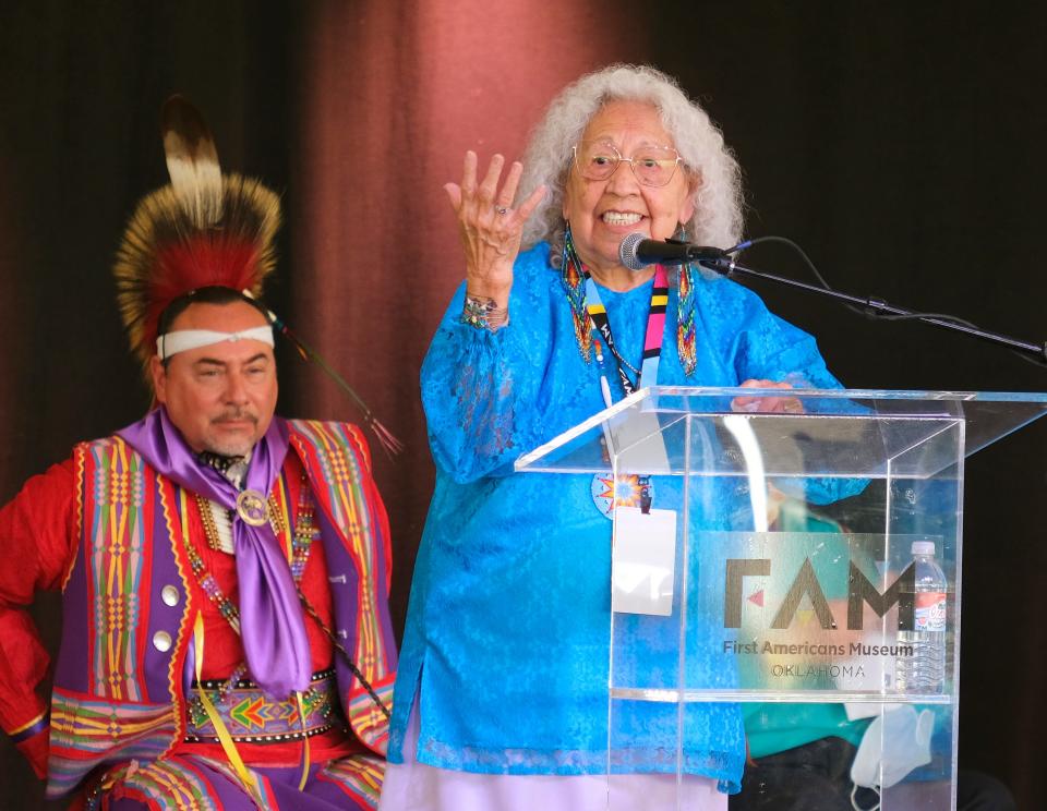 Henrietta Mann, Cheyenne, FAM Knowledge Giver, speaks Sept. 18, 2021, during the opening day of the First Americans Museum.