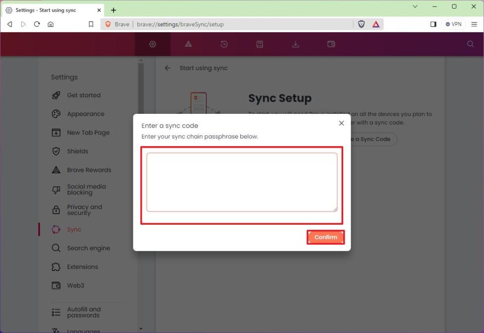 Brave sync code paste