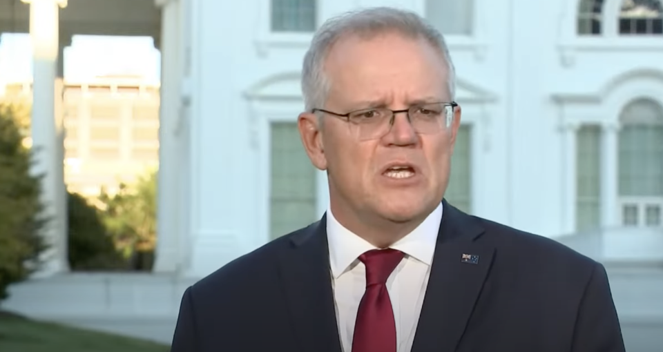 Prime Minister Scott Morrison speaks outside the White House.