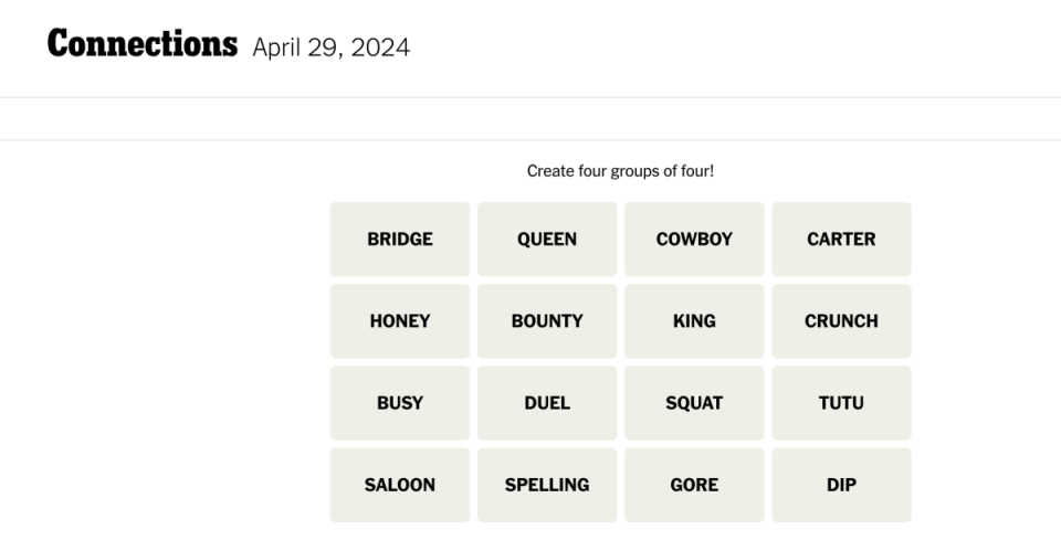 <em>Today's NYT Connections puzzle for Monday, April 29</em><em>, 2024</em><p>New York Times</p>