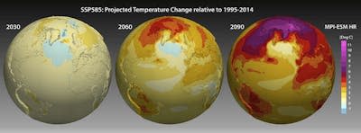 Proyección de las temperaturas hasta 2090, en un escenario SSP585, el caso más extremo con emisiones considerables. <a href="https://www.dkrz.de/en/communication/climate-simulations/cmip6-en/results/2m-temperature" rel="nofollow noopener" target="_blank" data-ylk="slk:DKRZ;elm:context_link;itc:0;sec:content-canvas" class="link ">DKRZ</a>